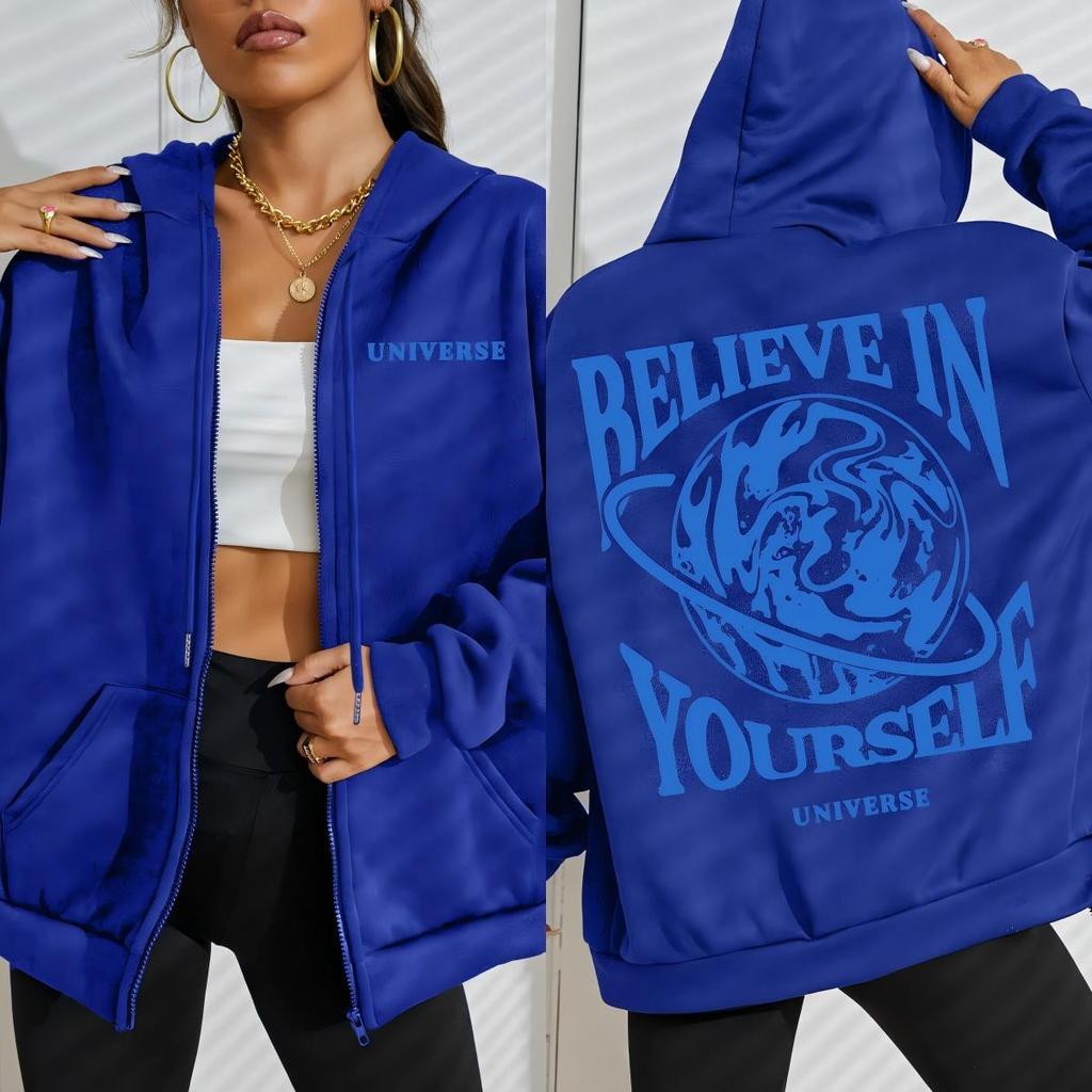 Believe In Yourself Earth Prints Zipper Hoodies Women Soft Hoodie Autumn Loose Clothings Fleece Casual Streetwear