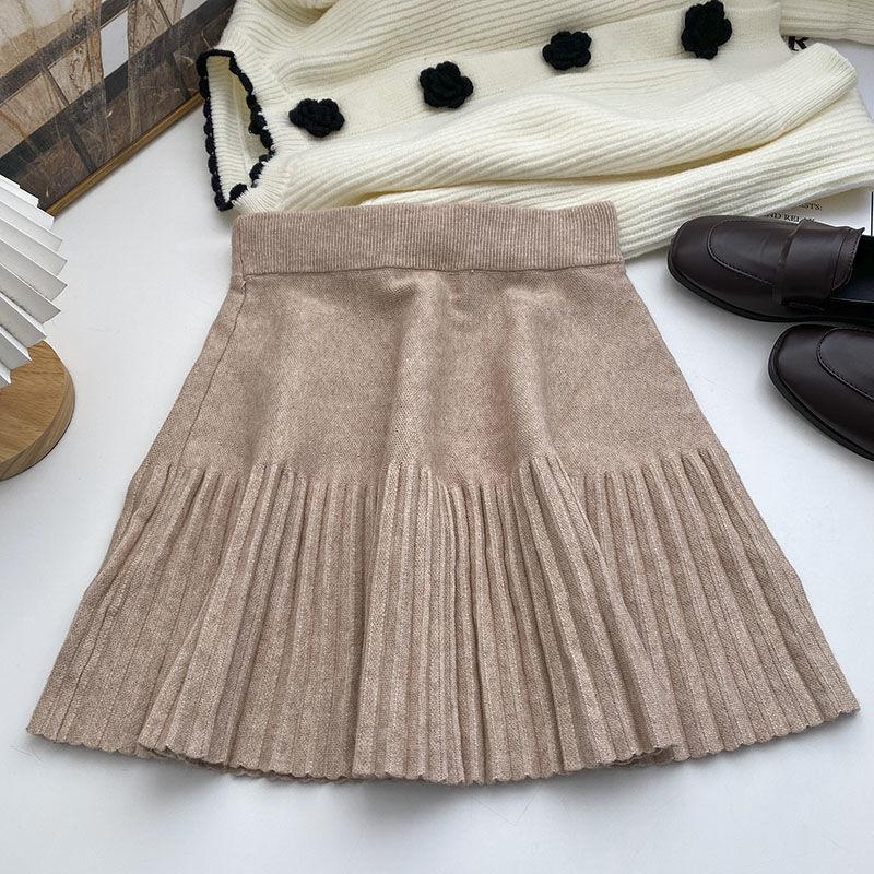 Эластичная вязаная плиссированная юбка с высокой талией для женщин, весенние корейские осенние и зимние универсальные однотонные женские топы