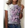 Women Purple Flowers Print Summer Casual Round Neck Short Sleeve Top Outdoor Fashion
