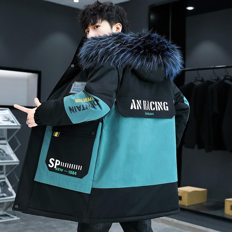 Winter Fleece Men's Parka Patchwork Hooded Waterproof Coat Men's Fashion Big Pockets Big Fur Collar Streetwear