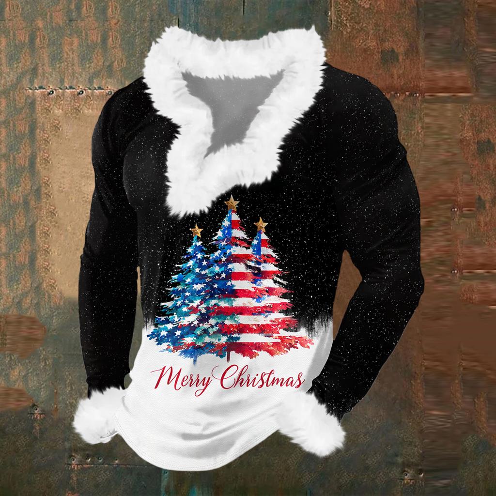 Мужской повседневный рождественский плюшевый свитшот с V-образным вырезом и длинными рукавами из флиса