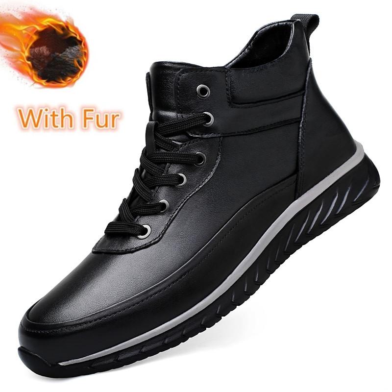 Fashion Lace-Up Men Winter Plush Snow Boots Mens Fashion Sneakers Genuine Leather Male Basic Boots Handmade Men's Low Top Casual Shoes