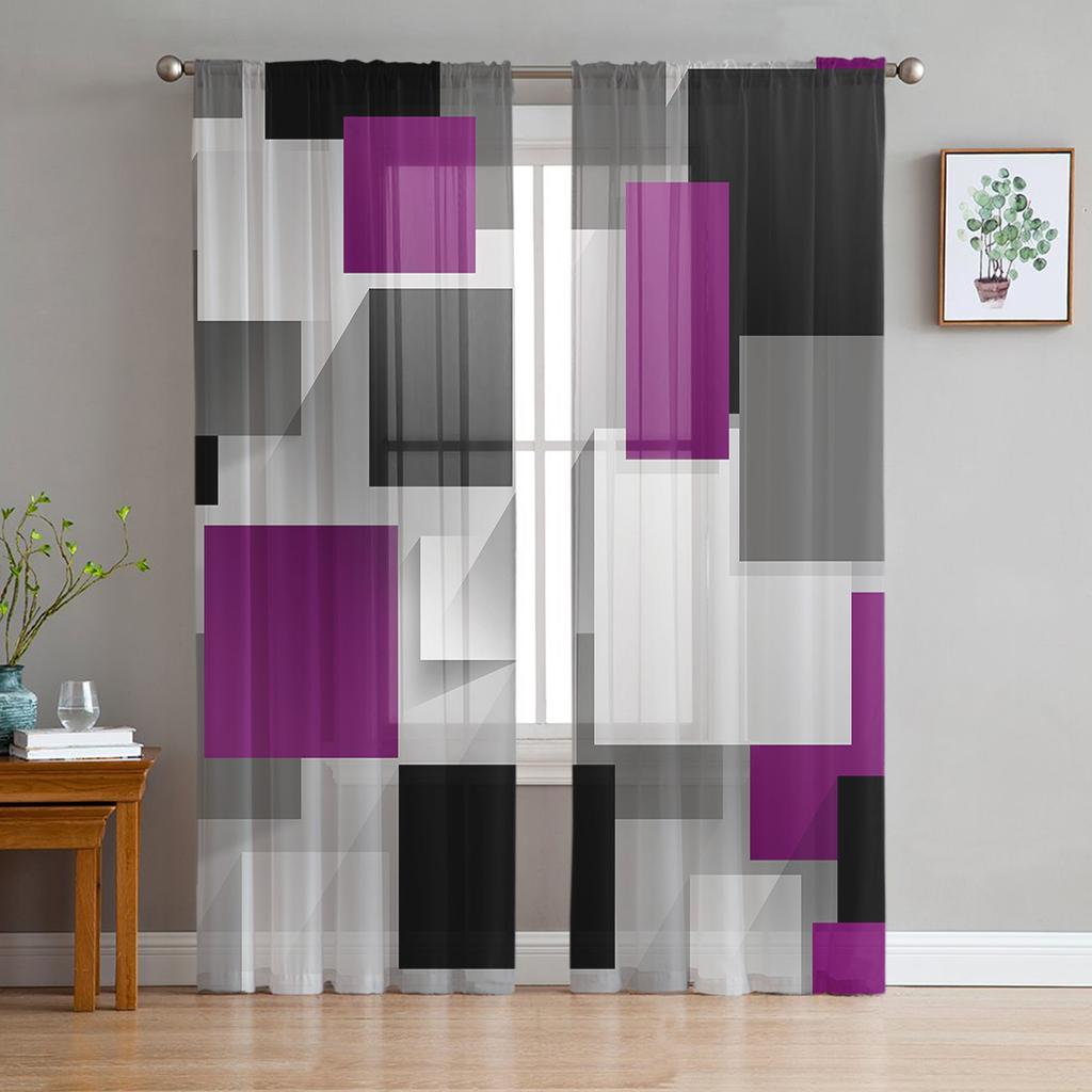 Geometric Purple Gray Black Abstract Sheer Curtains for Living Room Decoration Window Curtains Kitchen Tulle Voile Curtains