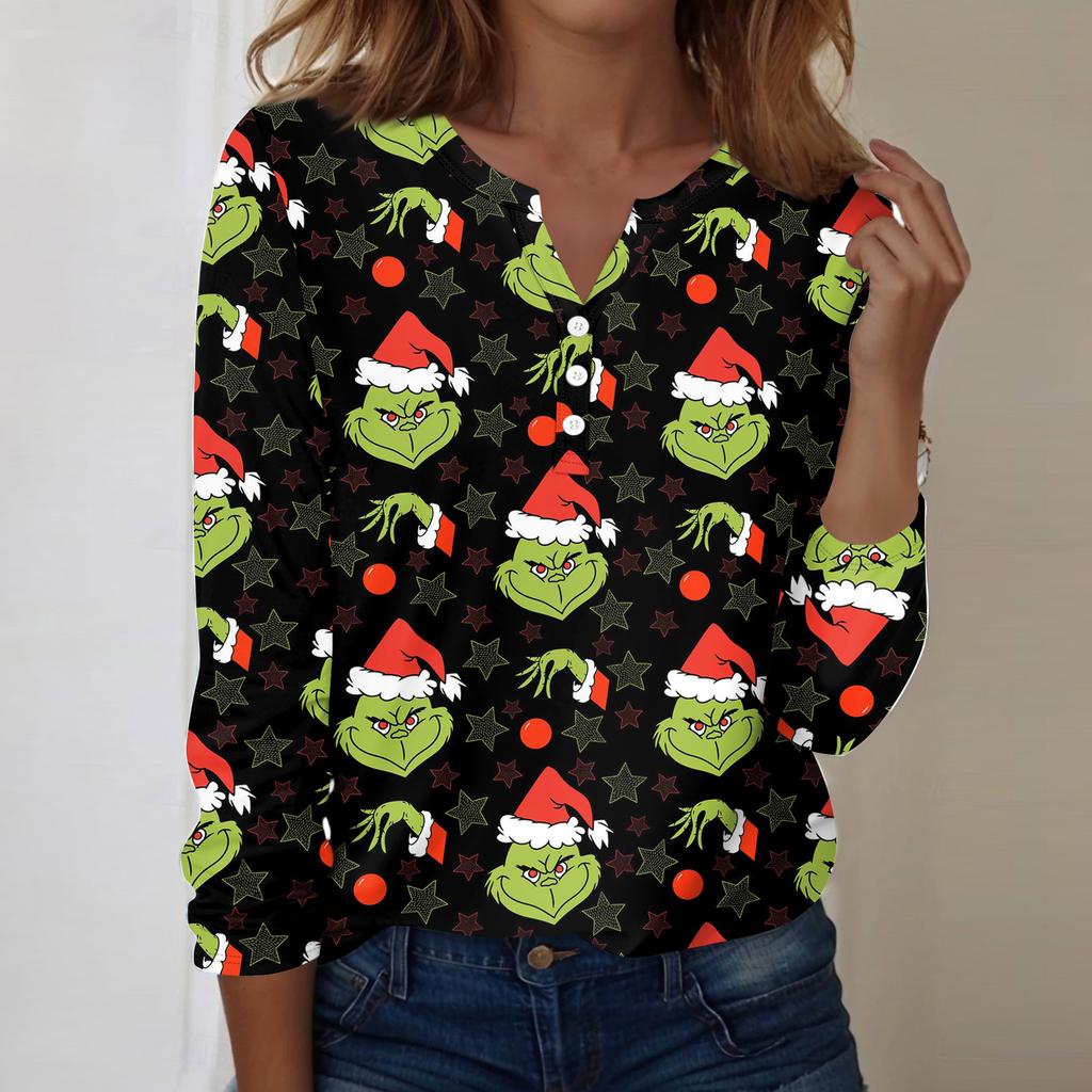 Женская модная повседневная блузка с V-образным вырезом, длинным рукавом и декоративными пуговицами, с рождественским принтом