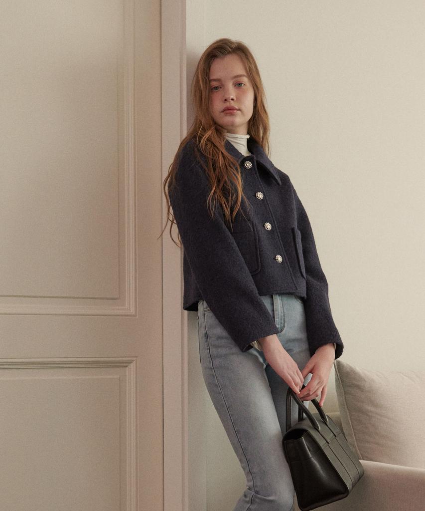 Luluchou Cozy Wool Crop Jacket - Navy
