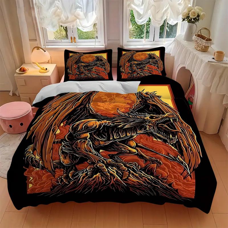 3pcs Dragon Fantasy Beanie Set: Includes One Quilt Cover and Two Pillowcases (No Core) - Anime Cartoon Design, Perfect for Bedroom and Guest Room Deco