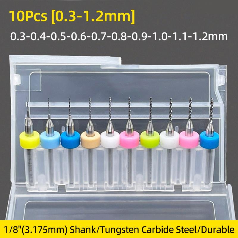 10pcs Set 0.1mm-2.0mm High Quality Hard Alloy PCB Print Circuit Board Carbide Micro Drill Bits Tool SMT CNC 1/8 Spiral Flute Bi