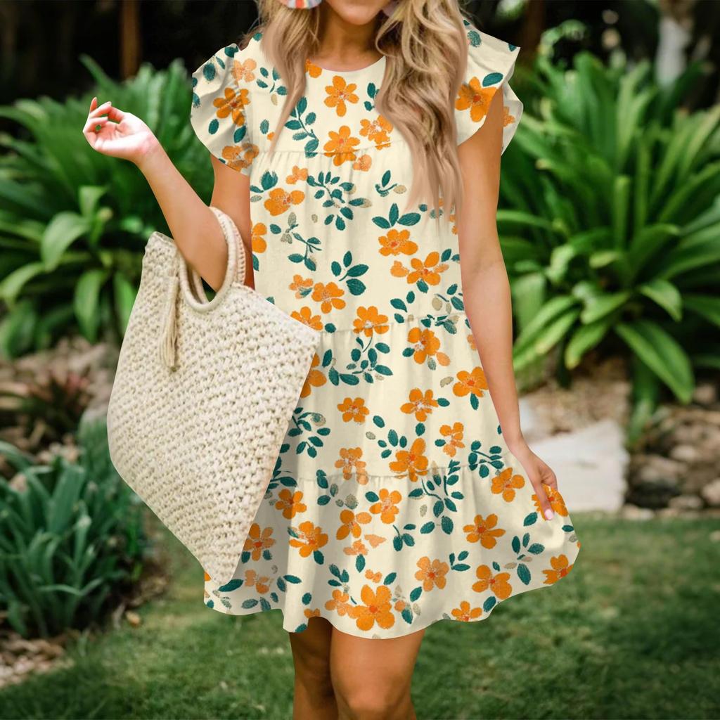 Женская мода лето повседневный О-образный вырез рукав оборки без рукавов струящаяся короткая туника платье