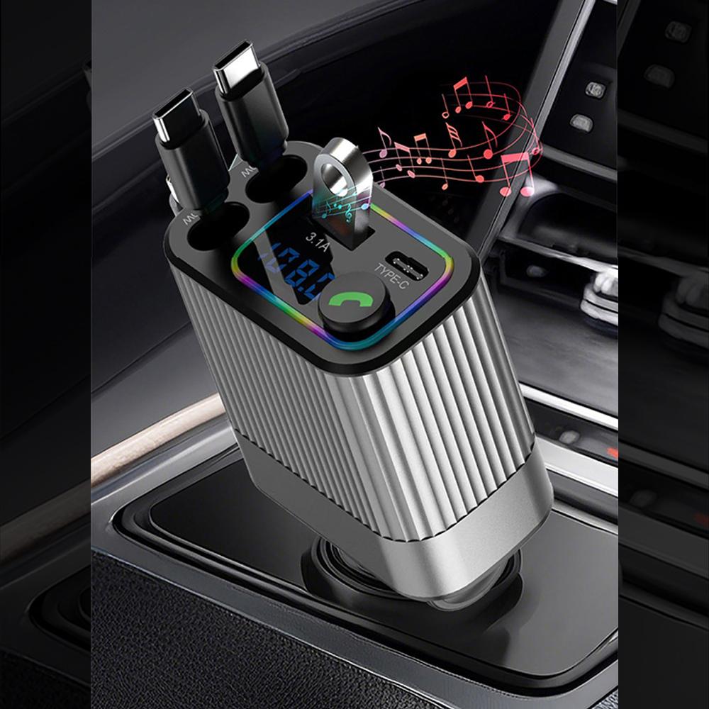 Автомобильное зарядное устройство Bluetooth 4 в 1, многофункциональное зарядное устройство, удобный в использовании адаптер для зарядки Type-C с цифровым дисплеем и выдвижным кабелем для iPhone