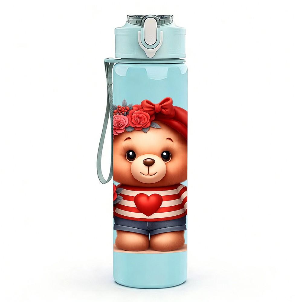 1PC Valentine Teddy Bear 750ml Color Plastic Sports Water Bottle Leakproof Flip Straw Lid Suitable for Sports Office Home Use