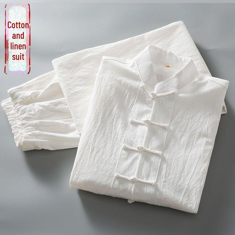 Мужской летний китайский костюм Тан из хлопка и льна: Модный наряд в стиле мандарин с пуговицами