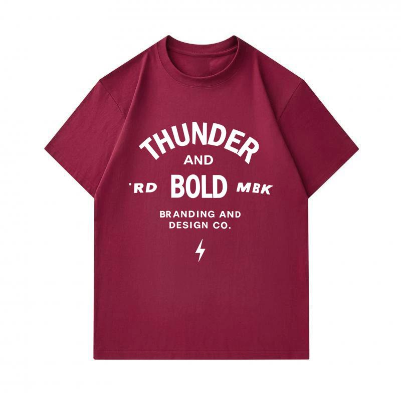 Men's 100% Cotton Crew Neck Short Sleeve T-Shirt, Casual Thunder Text Lightning Print Comfortable Lightweight Summer Daily Wear Loose Fit Graphic Tee