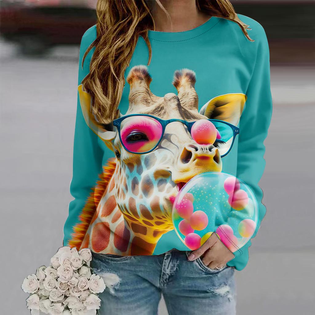 Осенняя женская мода с круглым вырезом и длинным рукавом, свободная одежда, футболка с принтом жирафа