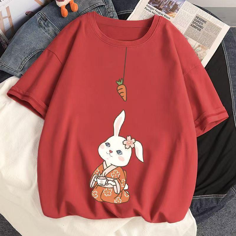 Футболка с изображением кролика из хлопка для женщин 2025 года, летние новые белые трендовые женские свободные топы с короткими рукавами