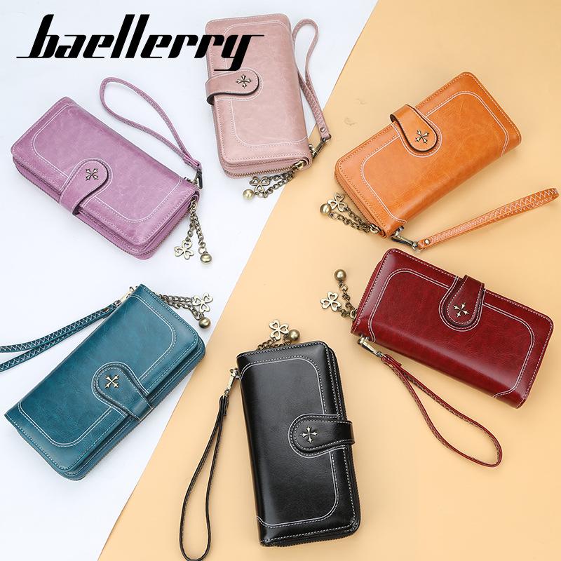 Baellerry Women's Four Leaf Clover Long Purse Multifunctional Wallet Pu Leather Card Holder Snap Button Billfold Fashion Cell Phone Bag with Lanyard