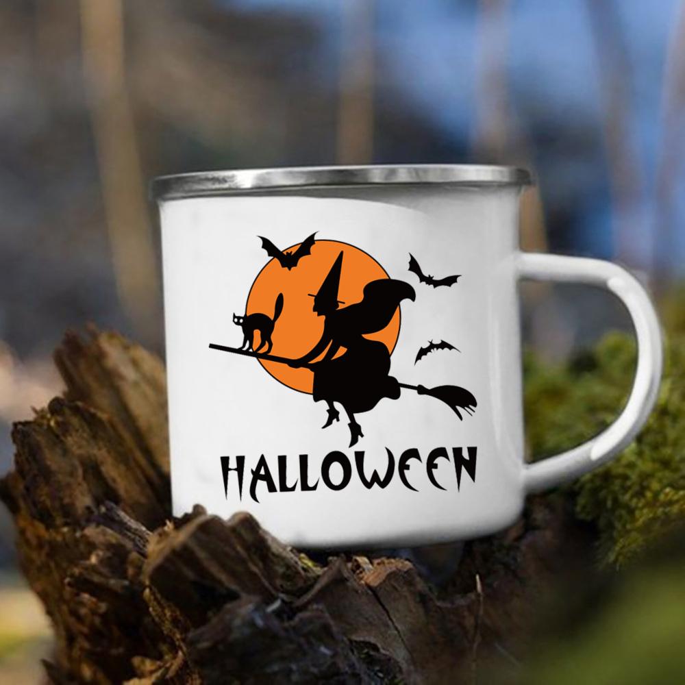 Witch Pumpkin Printing Mug Retro Halloween Enamel Handle Cups Coffee Tea Milk Mugs Party Kitchen Decorate Fun Gift for Children