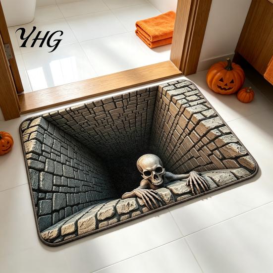 Washable Kitchen Rug 3D Skeleton Halloween Rug, Spooky Optical Illusion Entrance Depth Unique Holiday Home Accents Pattern Non-Slip Floor