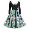 Women Vintage Long Sleeve Christmas Print 1950s Housewife Evening Party Prom Dress