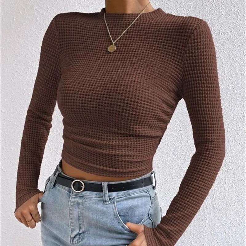 Модная тонкая футболка с круглым вырезом и длинным рукавом, элегантная однотонная трикотажная повседневная футболка для женщин, простая базовая женская укороченная футболка-пуловер 26148