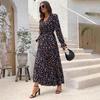 Women Floral Print V-neck Long Sleeve A-Line Dress Spring Summer Casual Elastic High Waist Ankle-Length Dresses