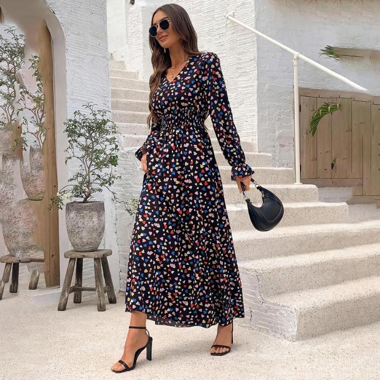 Women Floral Print V-neck Long Sleeve A-Line Dress Spring Summer Casual Elastic High Waist Ankle-Length Dresses