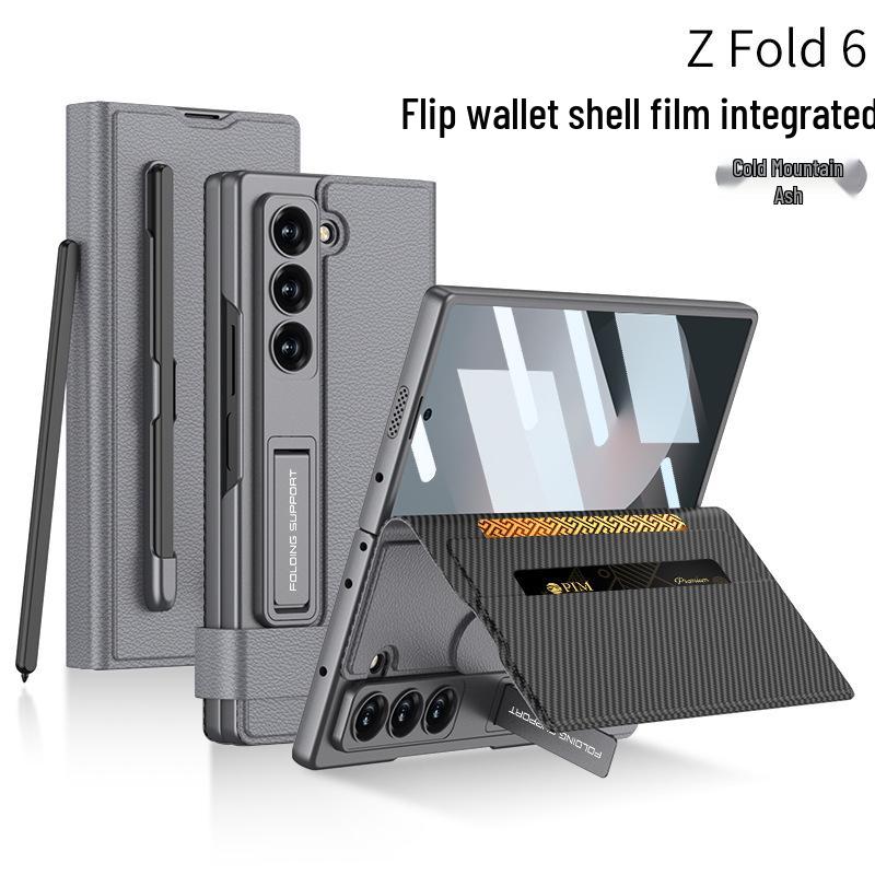 Чехол для Samsung Z Fold6 со слотом для карт, Кожаный чехол-бумажник, Подставка, Держатель для стилуса, Простой стиль