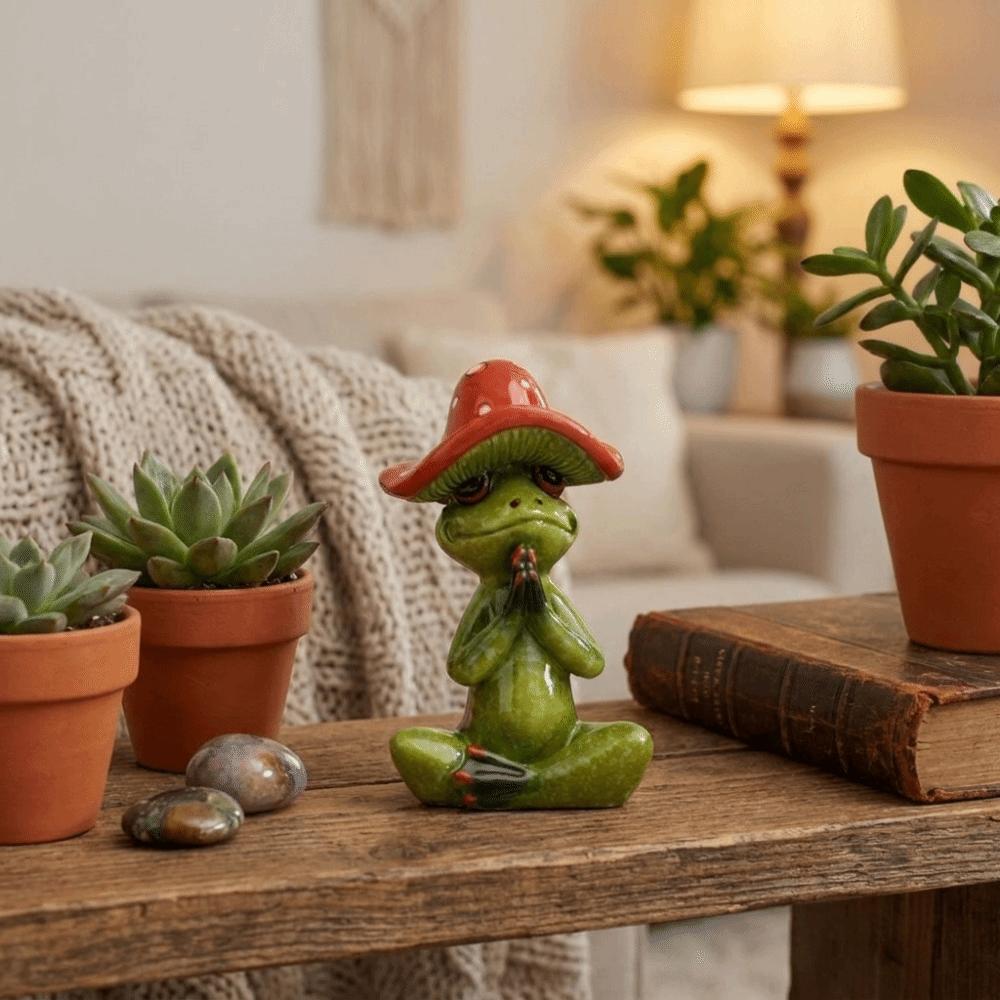 Handmade Yoga Frog Figurine Cartoon Mushroom Frog Statue Aesthetic Meditation Statue Garden Decor