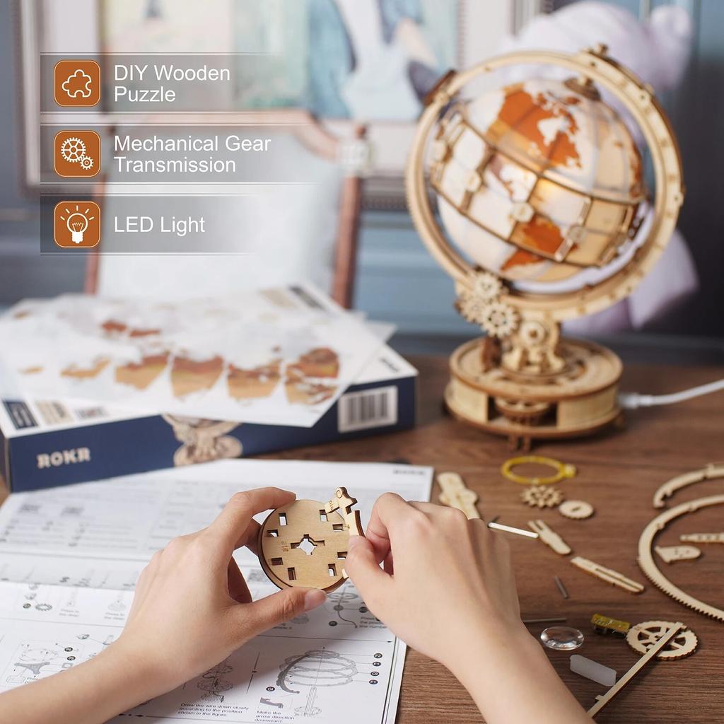 Wooden Globe Lamp 3D Puzzle Games for Birthday Gift for Kids Adults for Home Decor Building Blocks Educational Toy