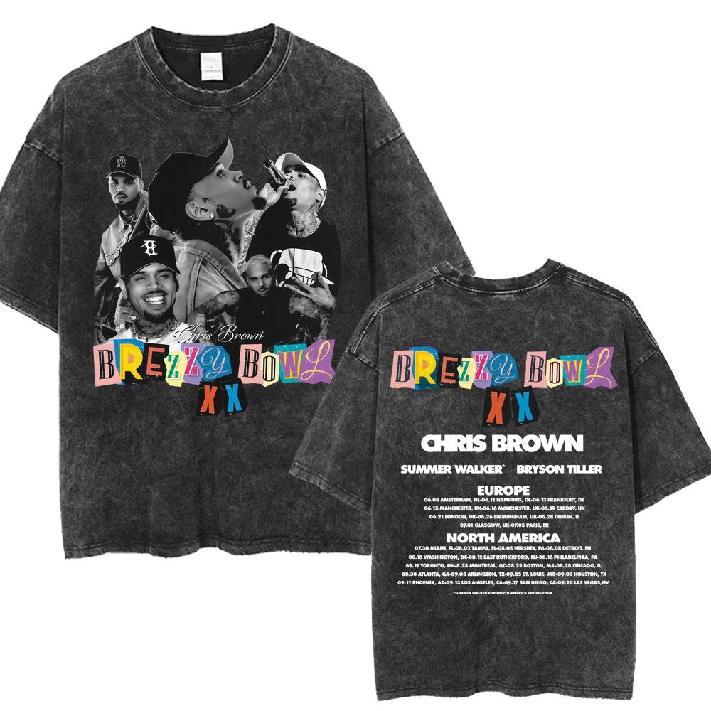 Chris Brown Breezy Bowl XX Concert Tour Washed T Shirts Vintage Hip Hop Gothic T Shirt Mens Oversized Cotton Tshirt Streetwear