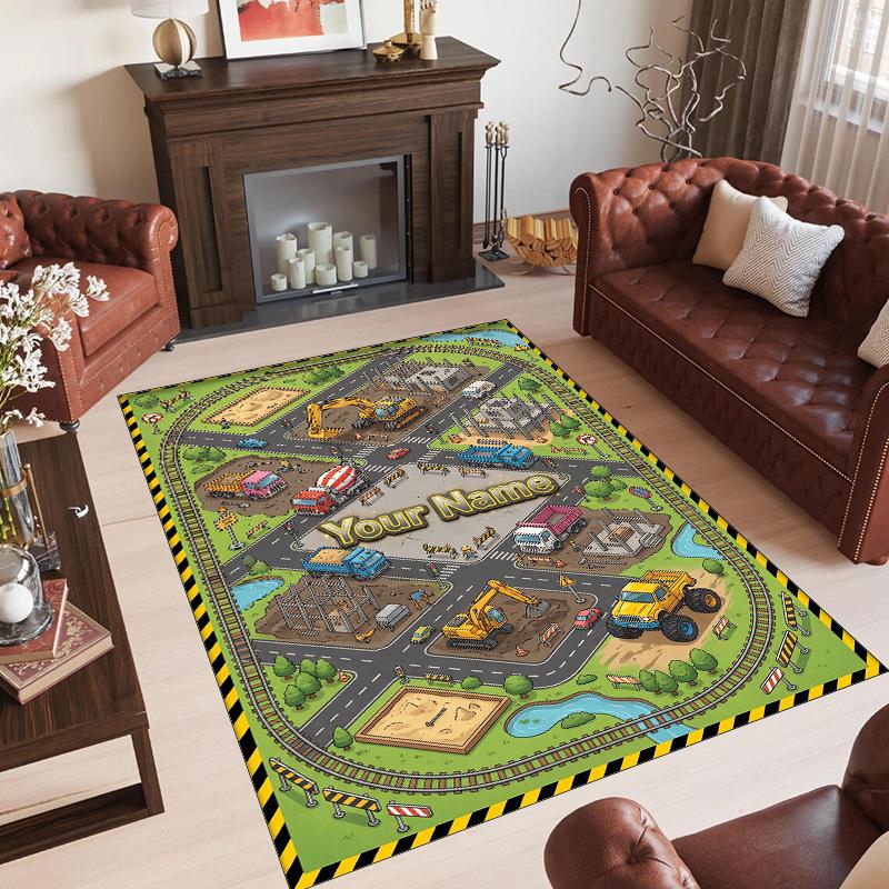 Construction Vehicles Theme Crystal Velvet Rug Personalized Custom Name Text Soft Floor Mat Home Decor