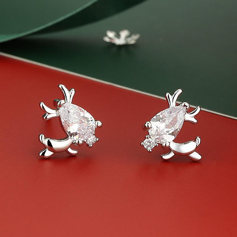 Серьги-гвоздики из стерлингового серебра S925 с оленями и снежинками, красные - Рождественская серия для женщин
