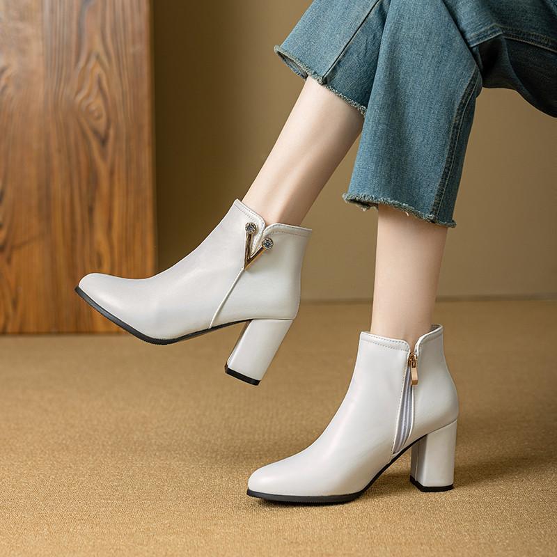 Женские короткие сапоги на высоком каблуке осенне-зимние классические однотонные универсальные сапоги на толстом каблуке большого размера