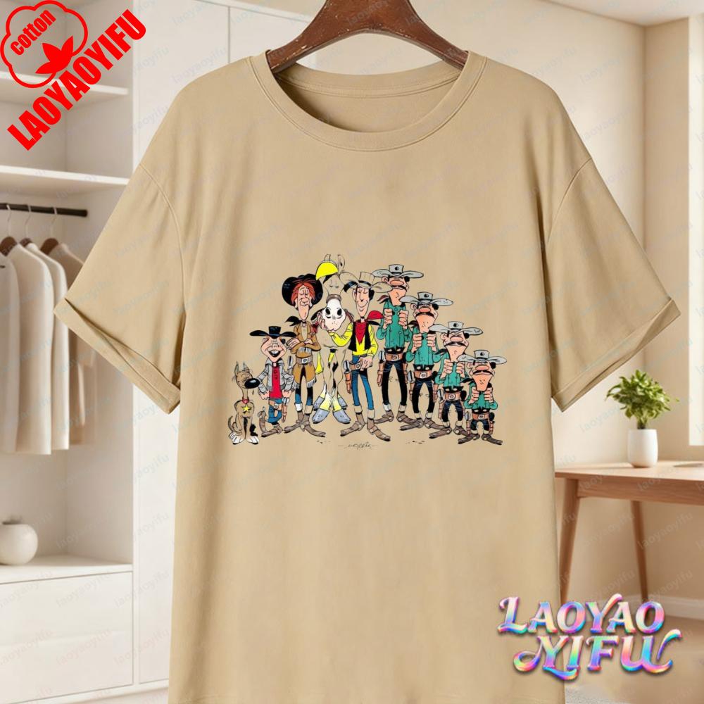 Classic Lucky Luke Cast Print Casual Tops Retro Western Animation Cotton TShirt Summer Casual Wear for Unisex Women Trendy Tee
