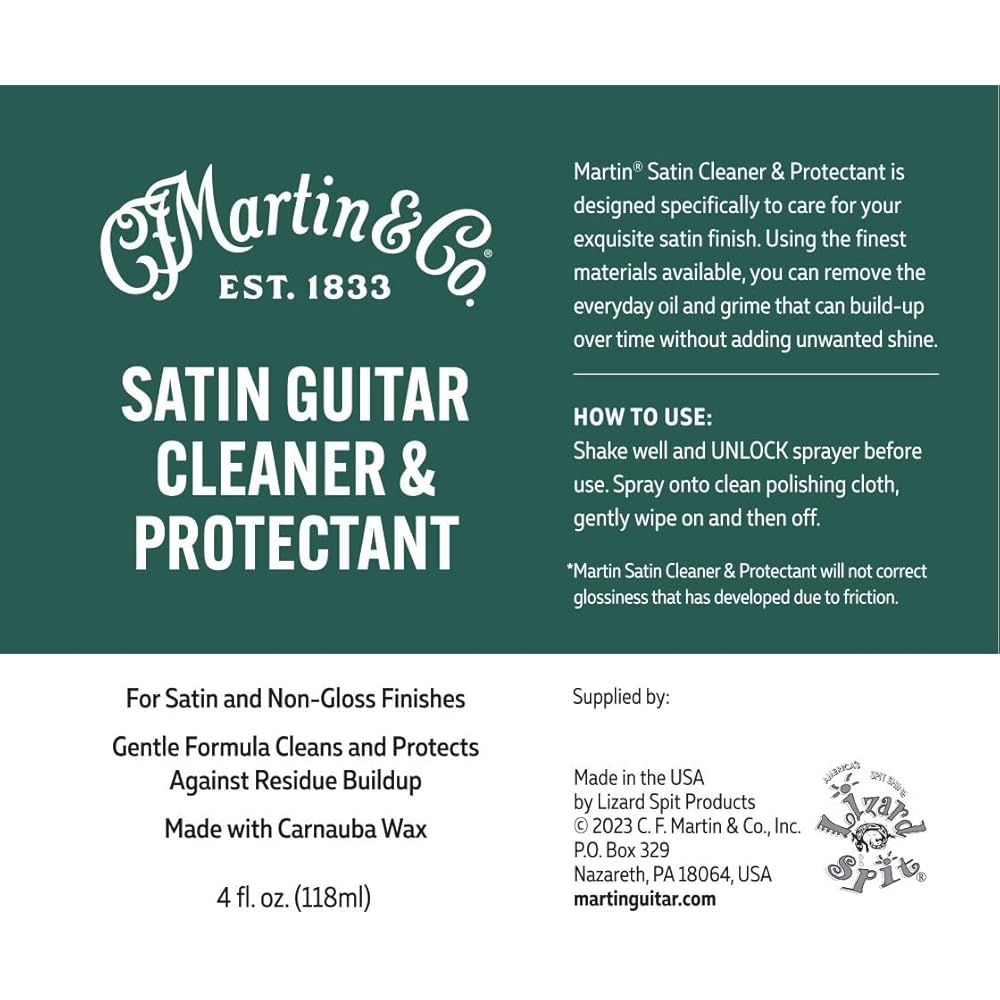 Очиститель и защитное средство для гитар Martin Satin – Спрей 4 унции 18A0135 | Очищает и защищает, не добавляя блеска | Содержит карнаубский воск для матового покрытия