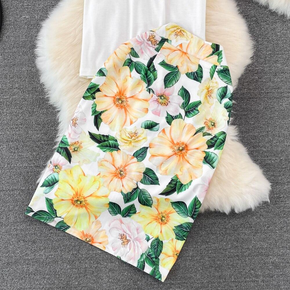 Set Female Celebrity Round Neck Patchwork Ruffle Printed Top Two Piece Set High Waist Medium Length Hip Wrap Skirt