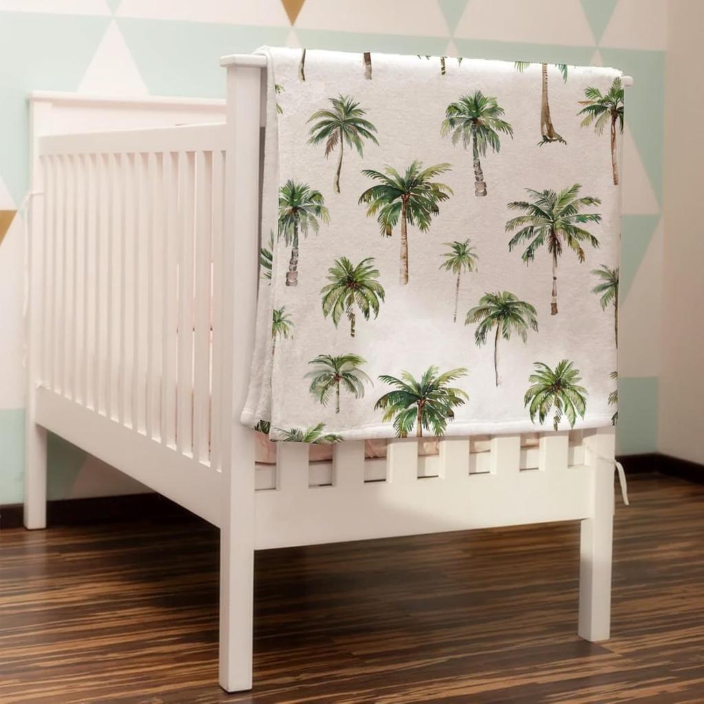 Watercolor Palm Trees Baby Blanket for Boy Girl Green Palm Trees Soft Swaddle Blanket Summer Beach Flannel Receiving Blankets for Toddler Baby