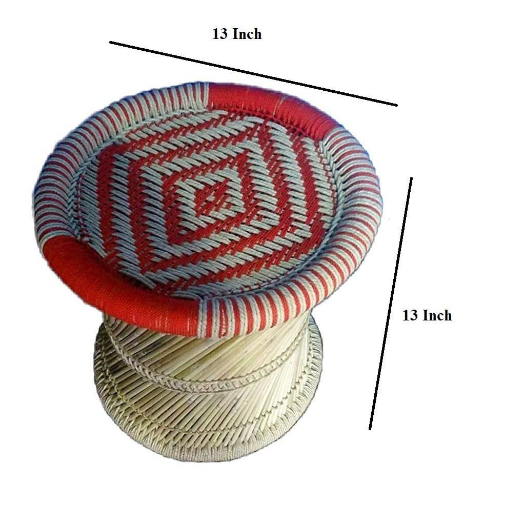 Eco-Friendly Cane Wood Bamboo Sitting Stool, Mudda for Indoor/Outdoor (Natural & Red: Set of 1)