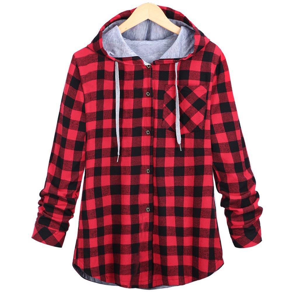 Women's Plaid Hooded CardiganLong Sleeve Jacket Blouse