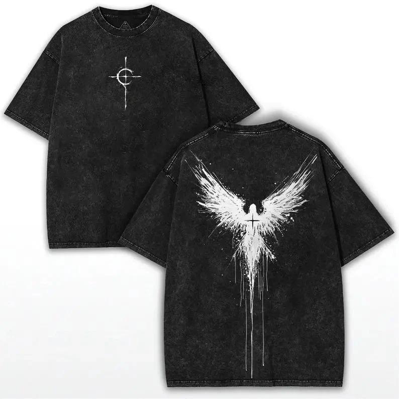 shirts Oversized Gothic Angel Wings T-Shirt: Heavy Cotton, Vintage Street