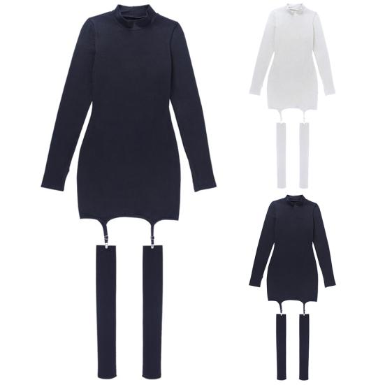 Сексуальное женское мини-облегающее платье с длинными рукавами и пряжкой на подтяжках и чулками