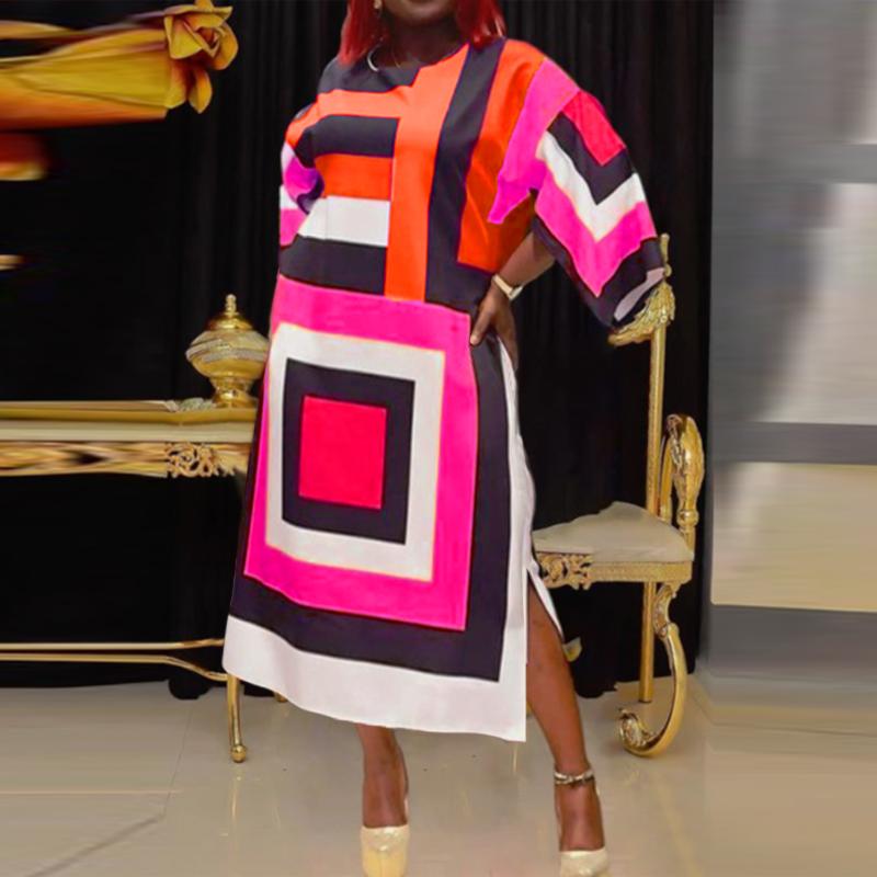 Women Plus Size Round Neck Long Sleeve Square Print Dresses
