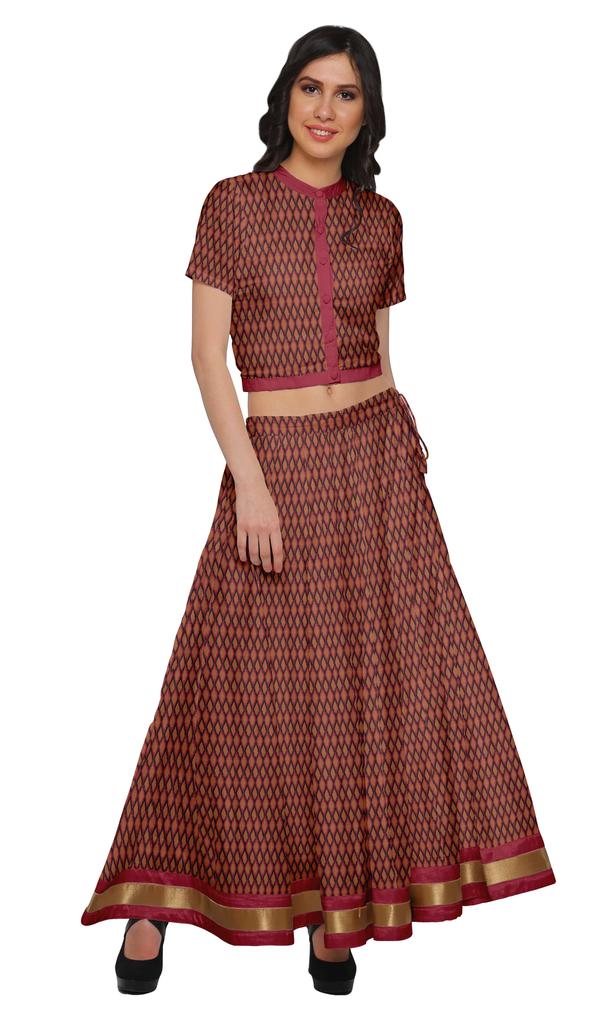 Moomaya Printed Indian Crop Top Skirt Sets Chanderi Women Ethnic Wear Plus