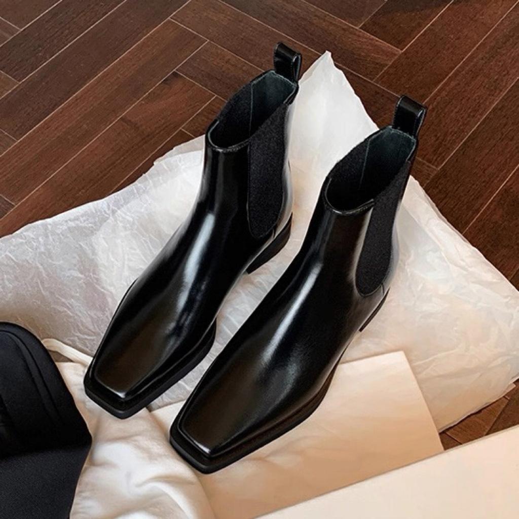 Коровья кожа Виноградная Мама Те же Ботильоны челси на платформе с квадратным носком Женские кожаные ботинки мартин на толстом каблуке Французские короткие ботинки Узкие ботинки