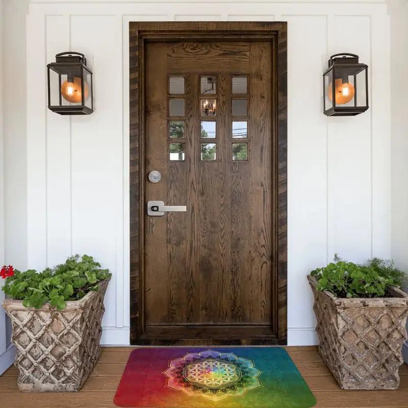 Rainbow Flower Of Life With Lotus Front Door Mat Anti-Slip Outdoor Sacred Geometry Doormat Kitchen Balcony Entrance Rug Carpet
