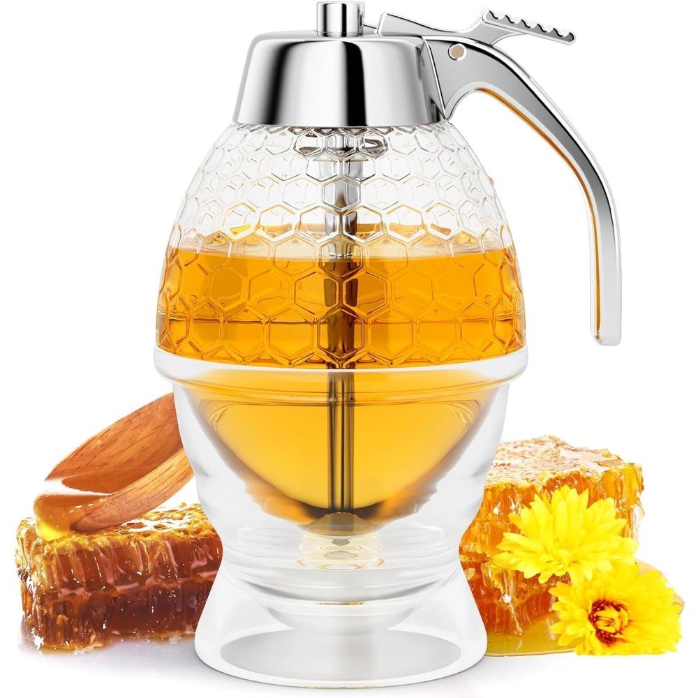 Drip-free Honey Dispenser, Maple Syrup Pouring Bottle, Honey Jar with Stand, Exquisite Honeycomb-shaped Honey Pitcher