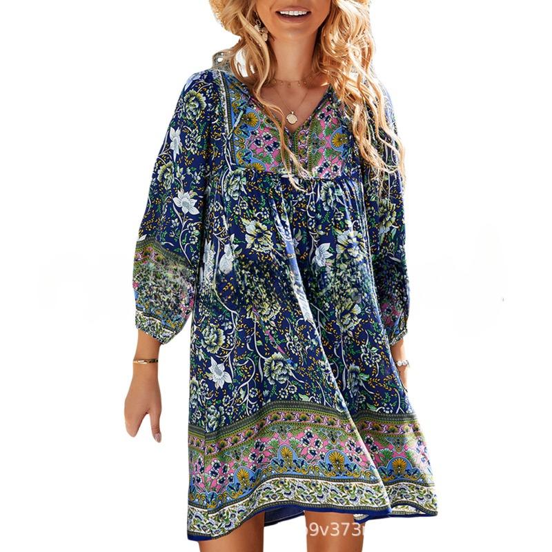 Весеннее горячее женское платье с принтом в стиле бохо с длинными рукавами, V-образным вырезом, шнуровкой, платья А-силуэта