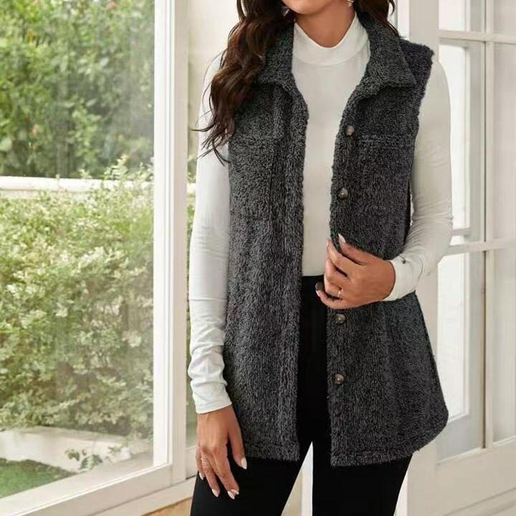 Women's Fashionable Double-Sided Collar Button-Up Cardigan Vest With Pockets