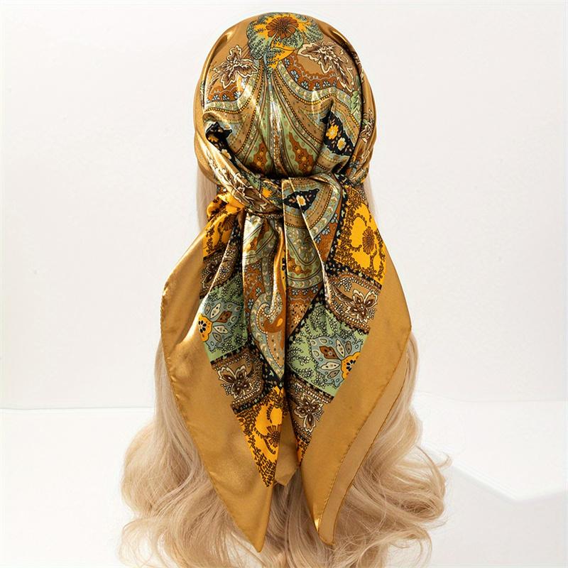 Satin Square Scarf Women Muslim Hijab Elegant Print Silk Neckerchief Shawl Wraps Headband Handle Hair Accessories Bandana