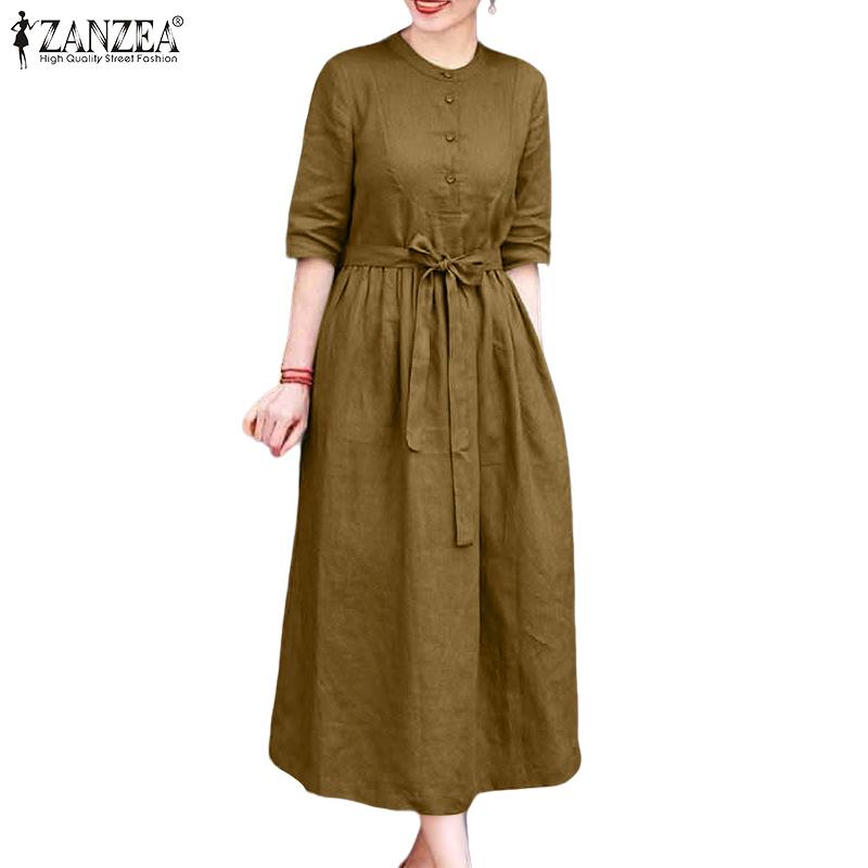 ZANZEA Women Casual Round Neck Loose Half Sleeve Dress