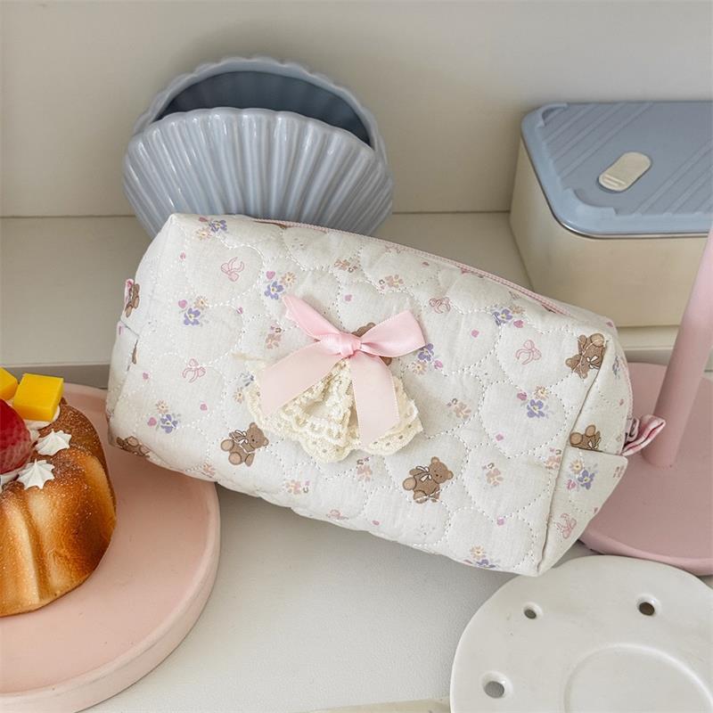 Милый медвежонок, сладкое сердце, бант, розовое кружево, косметичка, большая вместимость, портативная дорожная сумка для хранения, женский клатч, девчачьи косметички